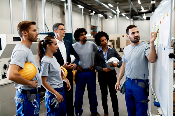 A team of industrial workers in blue uniforms and a manager in business attire attentively listening to a presentation given by a colleague with a marker at a whiteboard, possibly about workers' compensation topics.