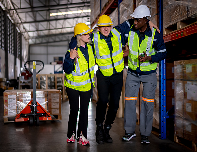 Three warehouse workers in high-visibility vests and safety helmets are walking and talking together among aisles of stocked shelves, which might illustrate a team discussing a workers' comp claim process.